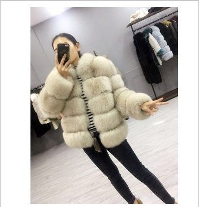 Vegan Fox Fur Slimming Stand Collar Splicing Coat (Multiple Colors)