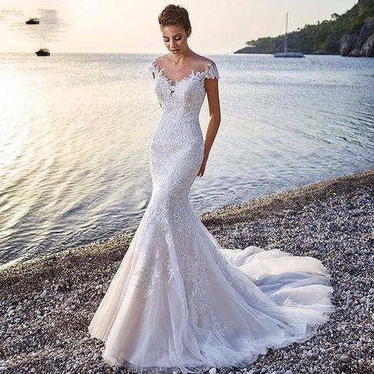 Princess Bride Mermaid Wedding Dress White Backless Lace Wedding Dress